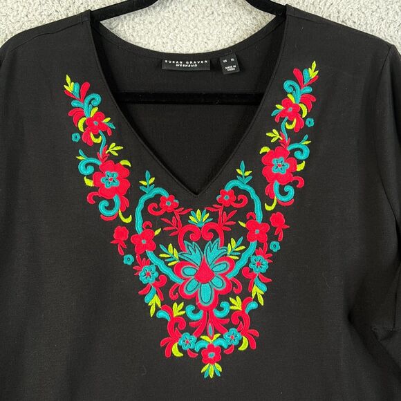 Susan Graver Weekend Blouse XL Black Red Floral Embroidered V Neck Top - Picture 1 of 9